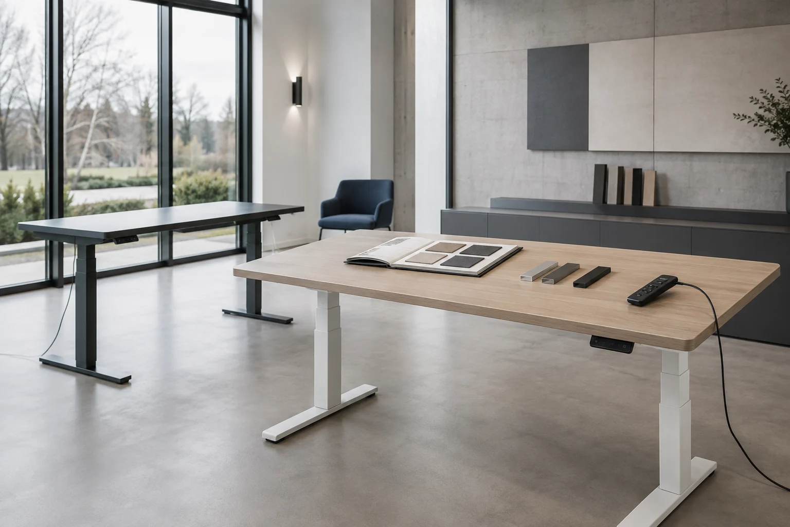Concept showroom with adjustable desks and material samples