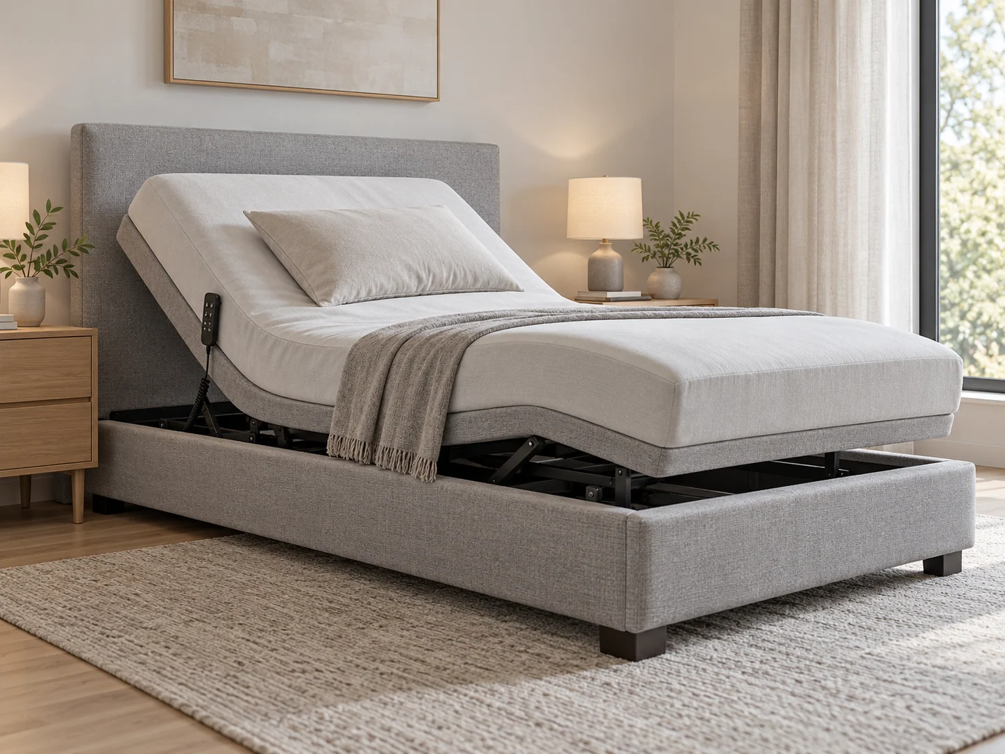 Electric adjustable bed with a raised backrest and visible support mechanism in a bedroom