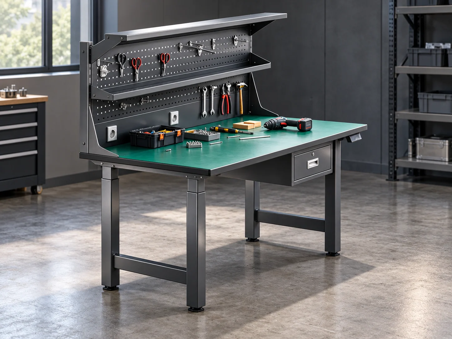 Height-adjustable industrial workbench with a green worktop and tool board