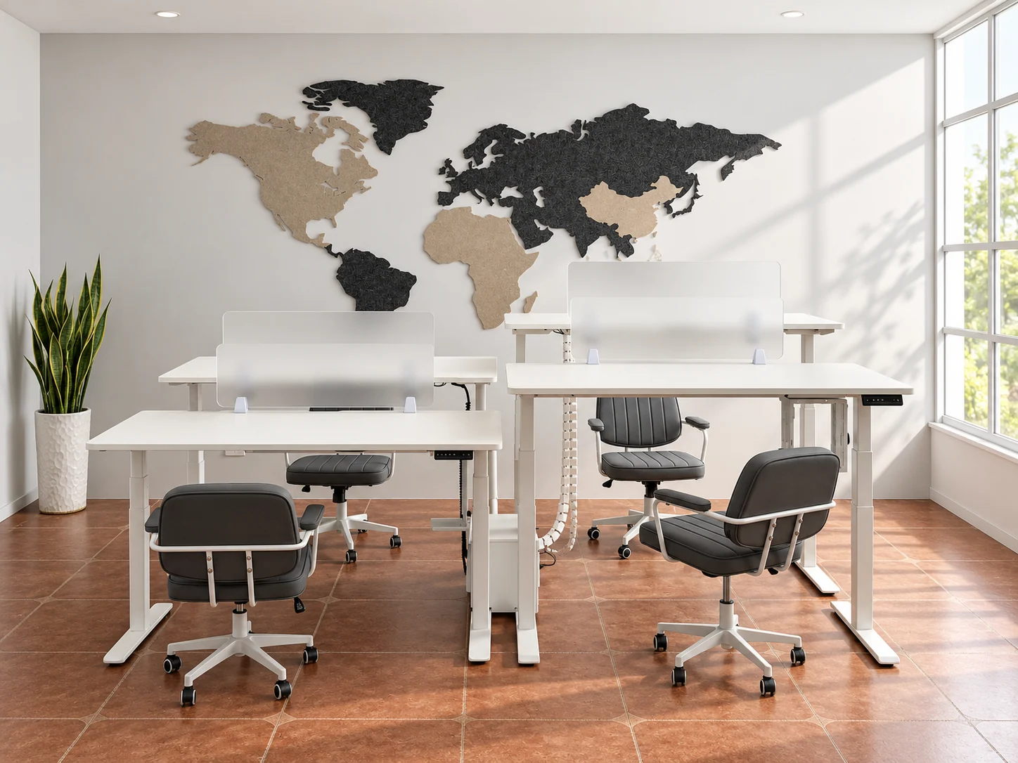White height-adjustable desks arranged at different heights in a shared office