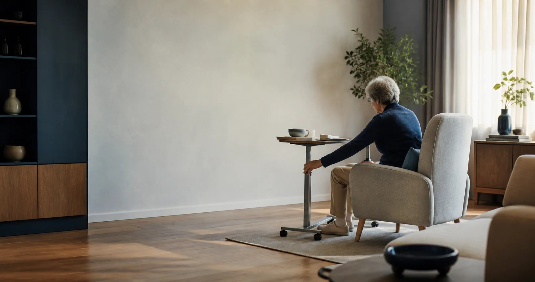 A seated person adjusting a side table to bring everyday items within reach