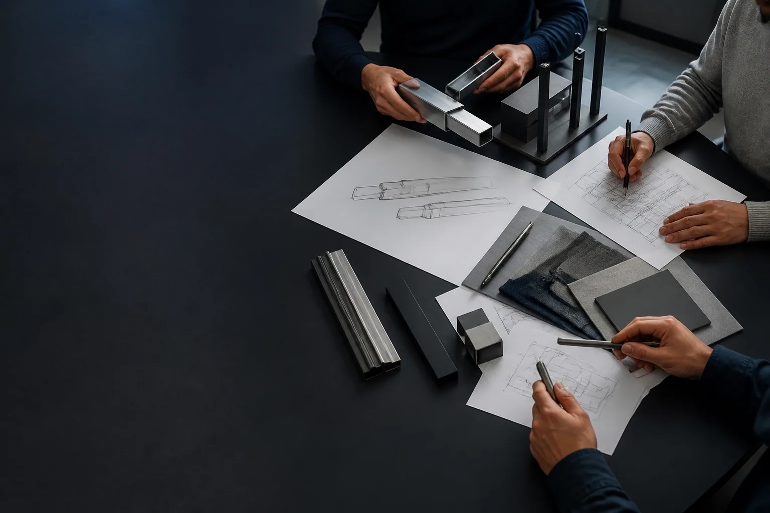 Engineers discussing materials and motion-system drawings