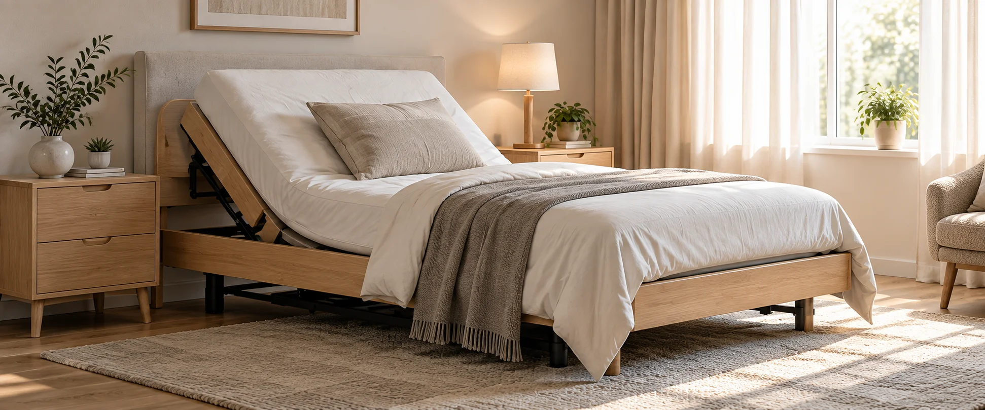 Adjustable bed with the backrest and leg section raised in a warm neutral bedroom