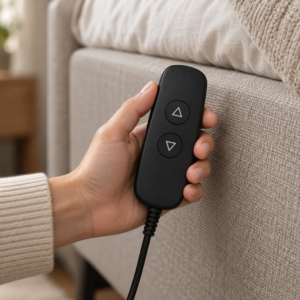 A hand holding a wired adjustment control beside an upholstered bed