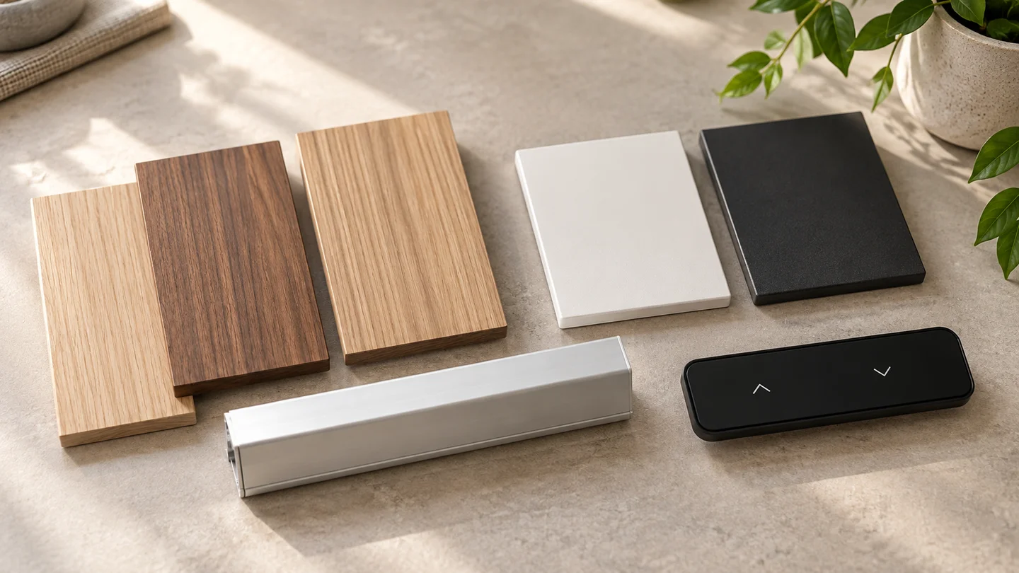 Wood and metal finish samples, a frame profile and a furniture adjustment handset