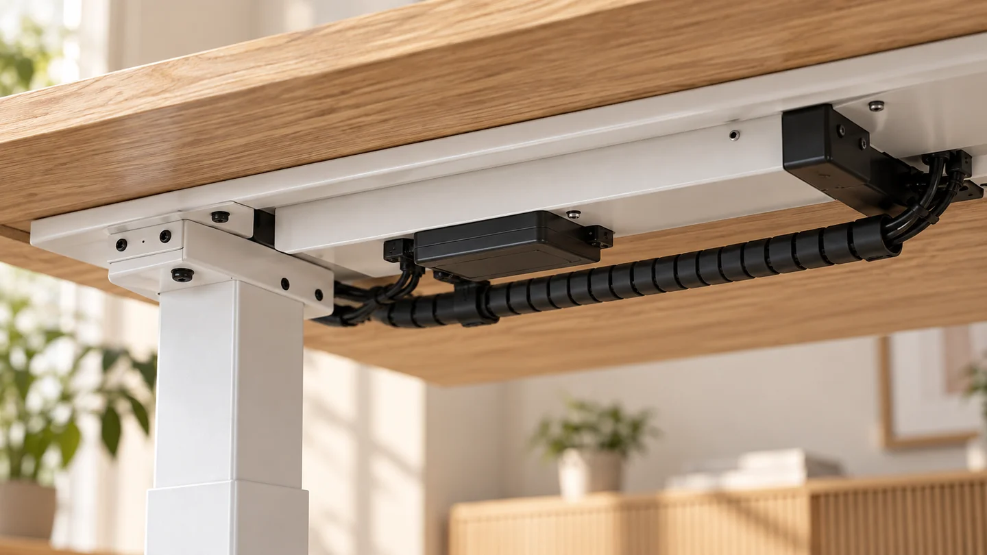 Desk frame mounting points and organised cable routing underneath an oak desktop
