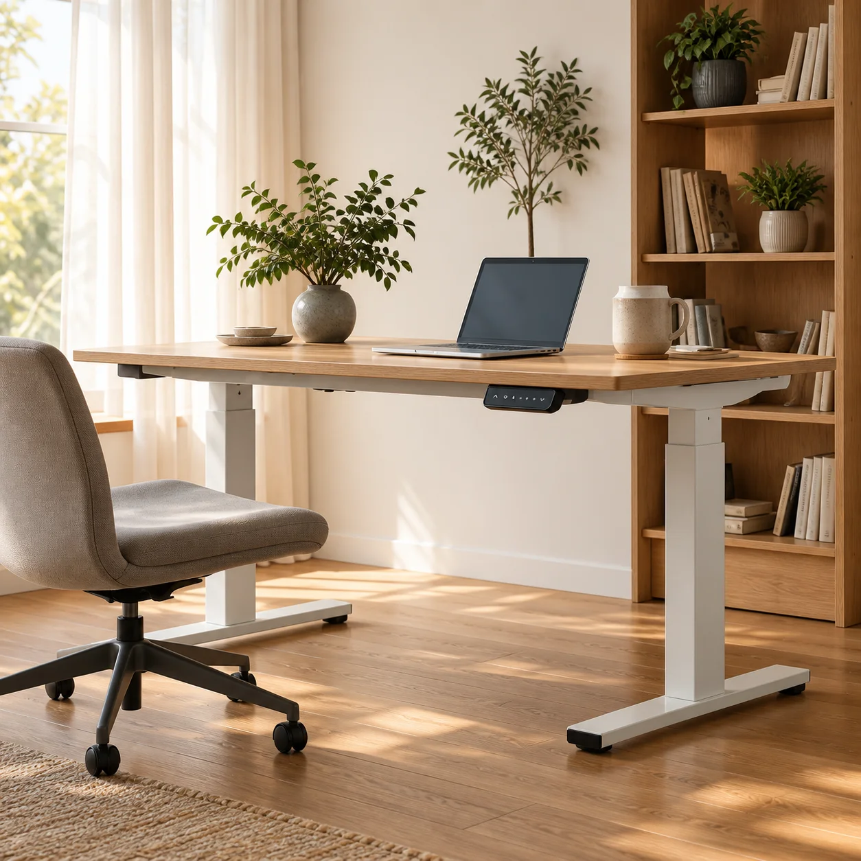 Height-adjustable desk with white lifting legs in a sunlit home study