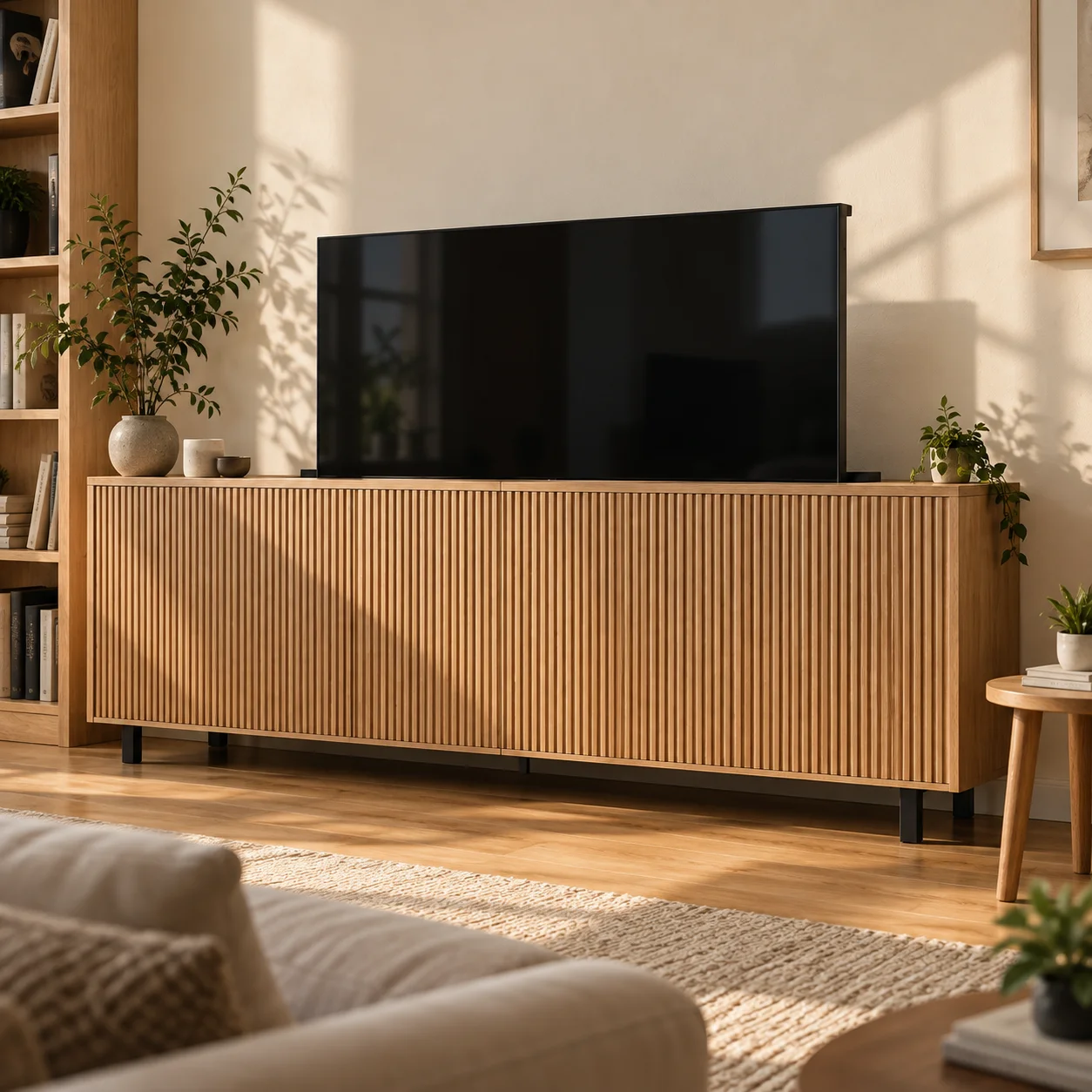 Television raised through the top of an oak cabinet in a living room