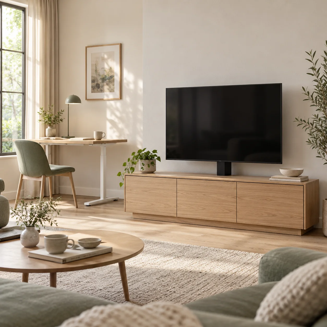 Illustrative living room with a TV lift cabinet and a compact height-adjustable desk
