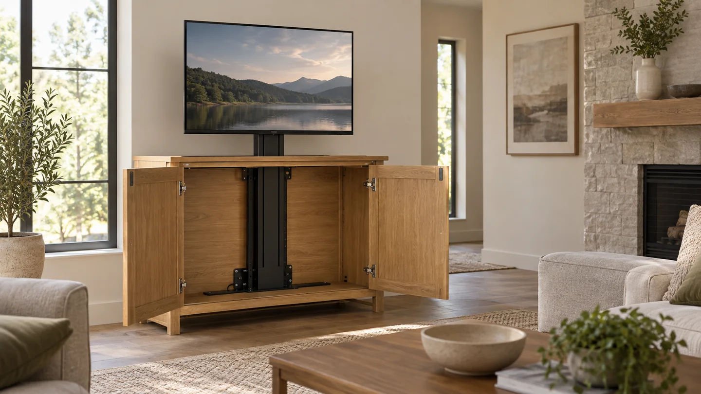 Open oak TV cabinet showing the lift mechanism and the space around the raised screen
