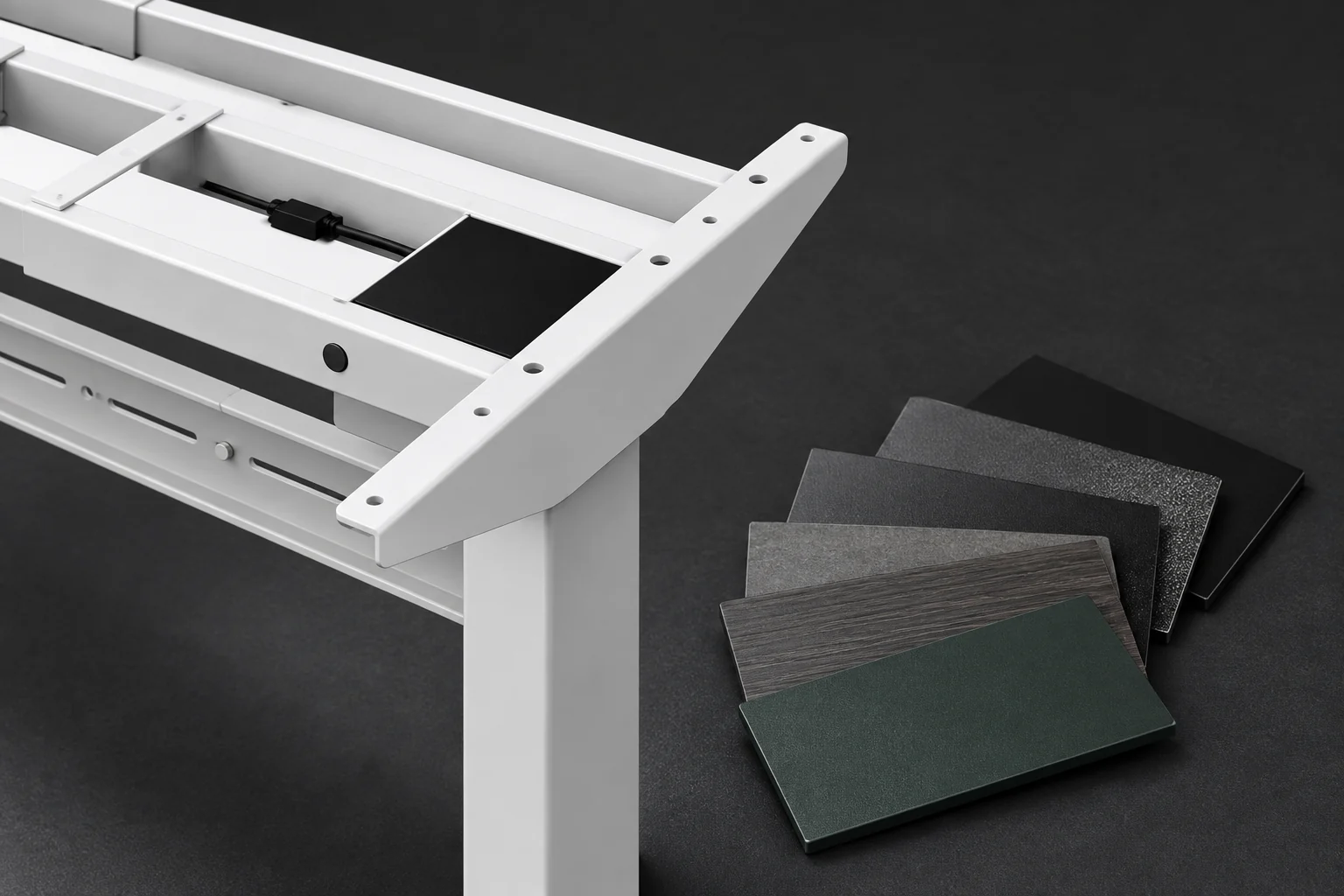 White industrial frame detail with dark metal finishes and tabletop material samples