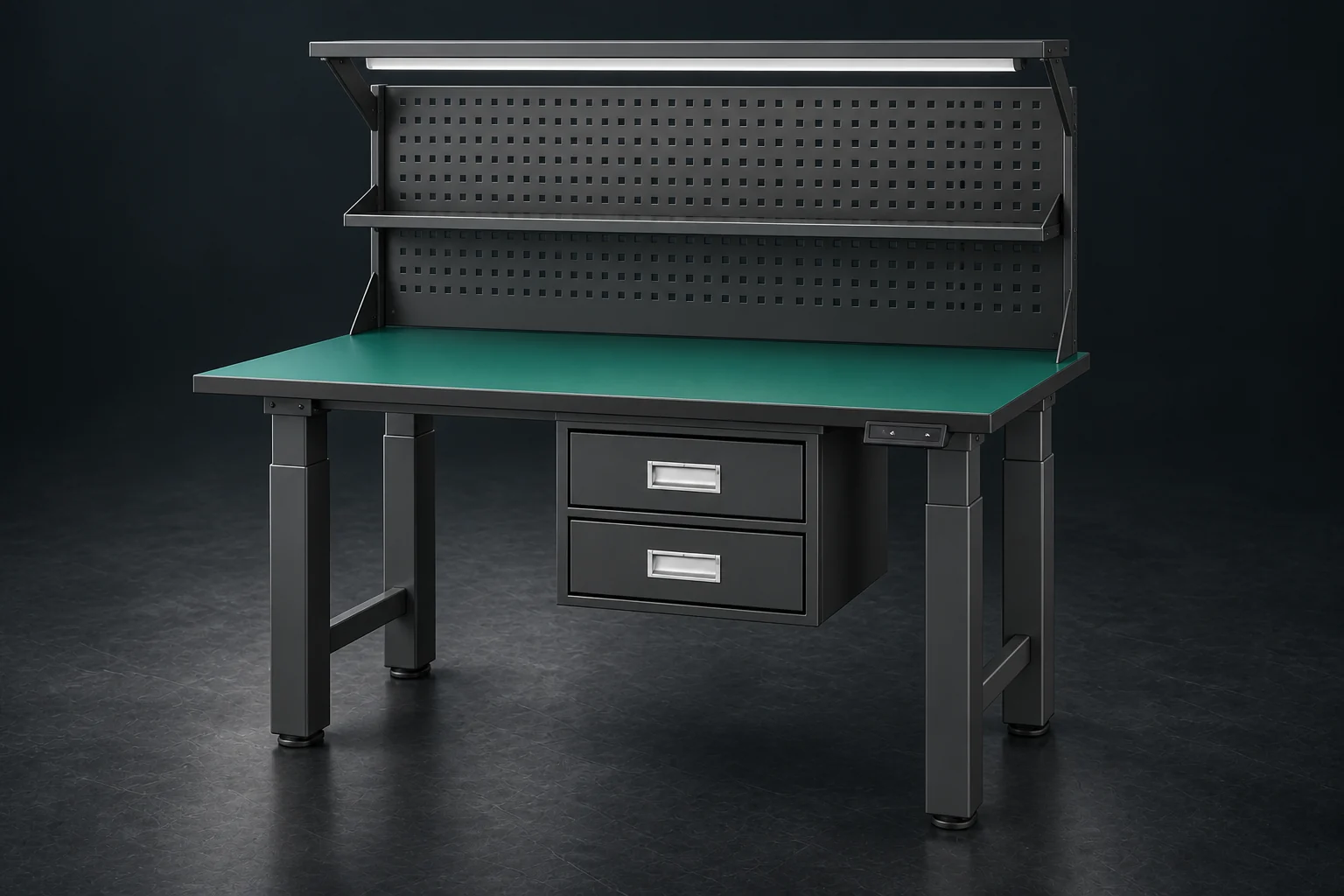 Four-leg industrial workbench with a green worktop, tool panel, overhead light and storage drawers