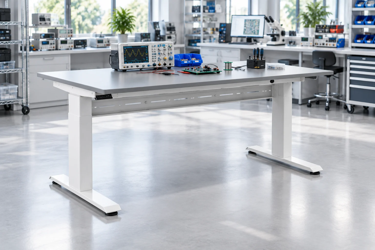 Two-leg adjustable workbench with electronic test equipment in a bright laboratory