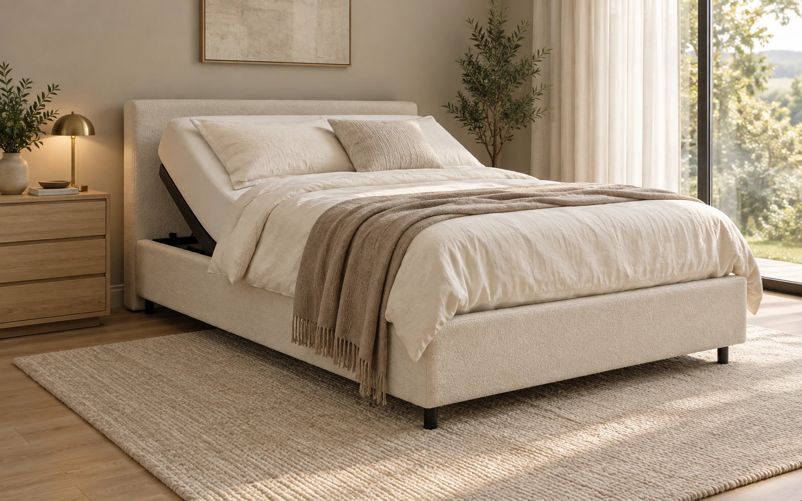 Upholstered electric bed with an elevated backrest in a bright bedroom