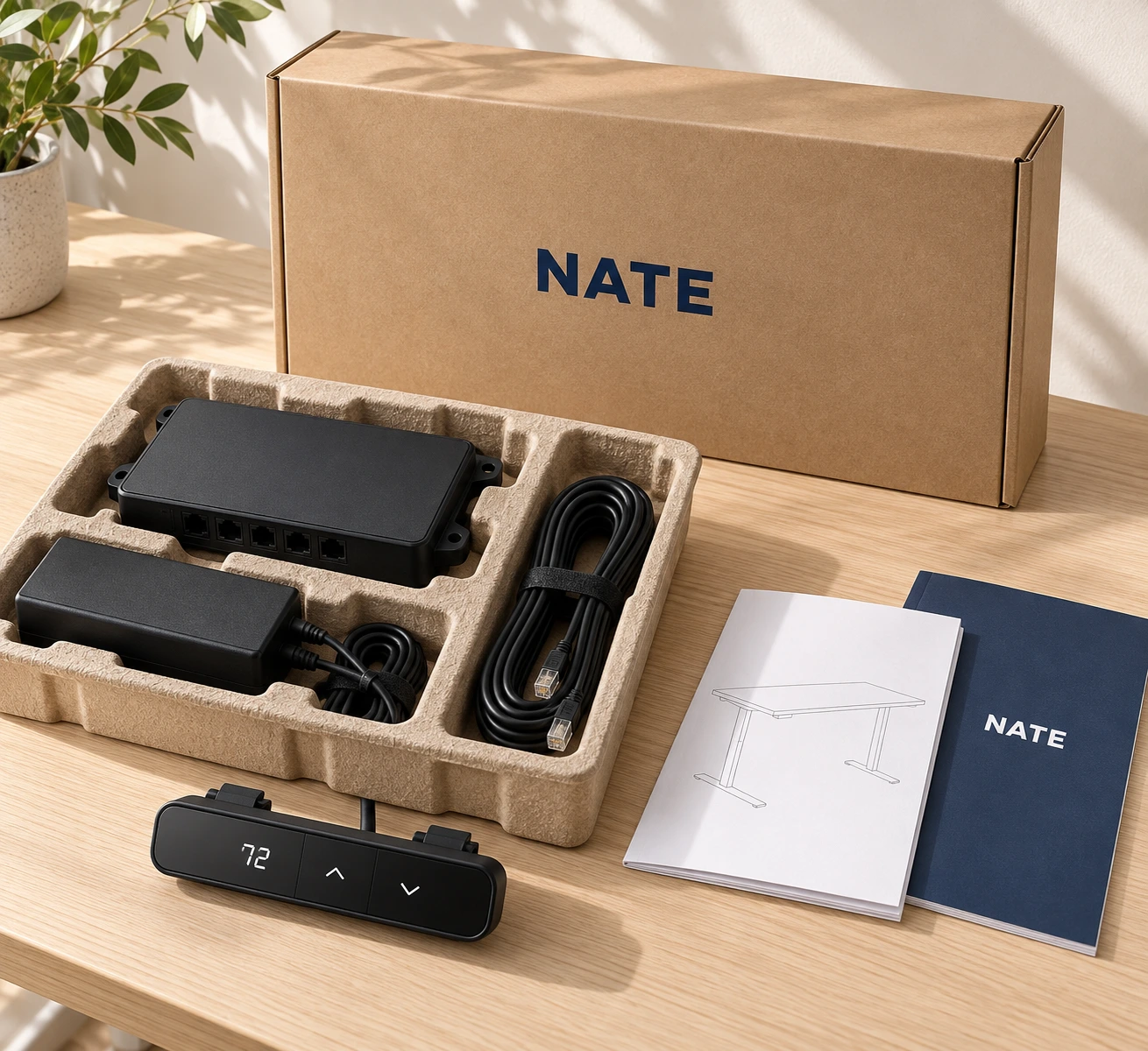 Desk control components, a branded box and assembly instructions presented together