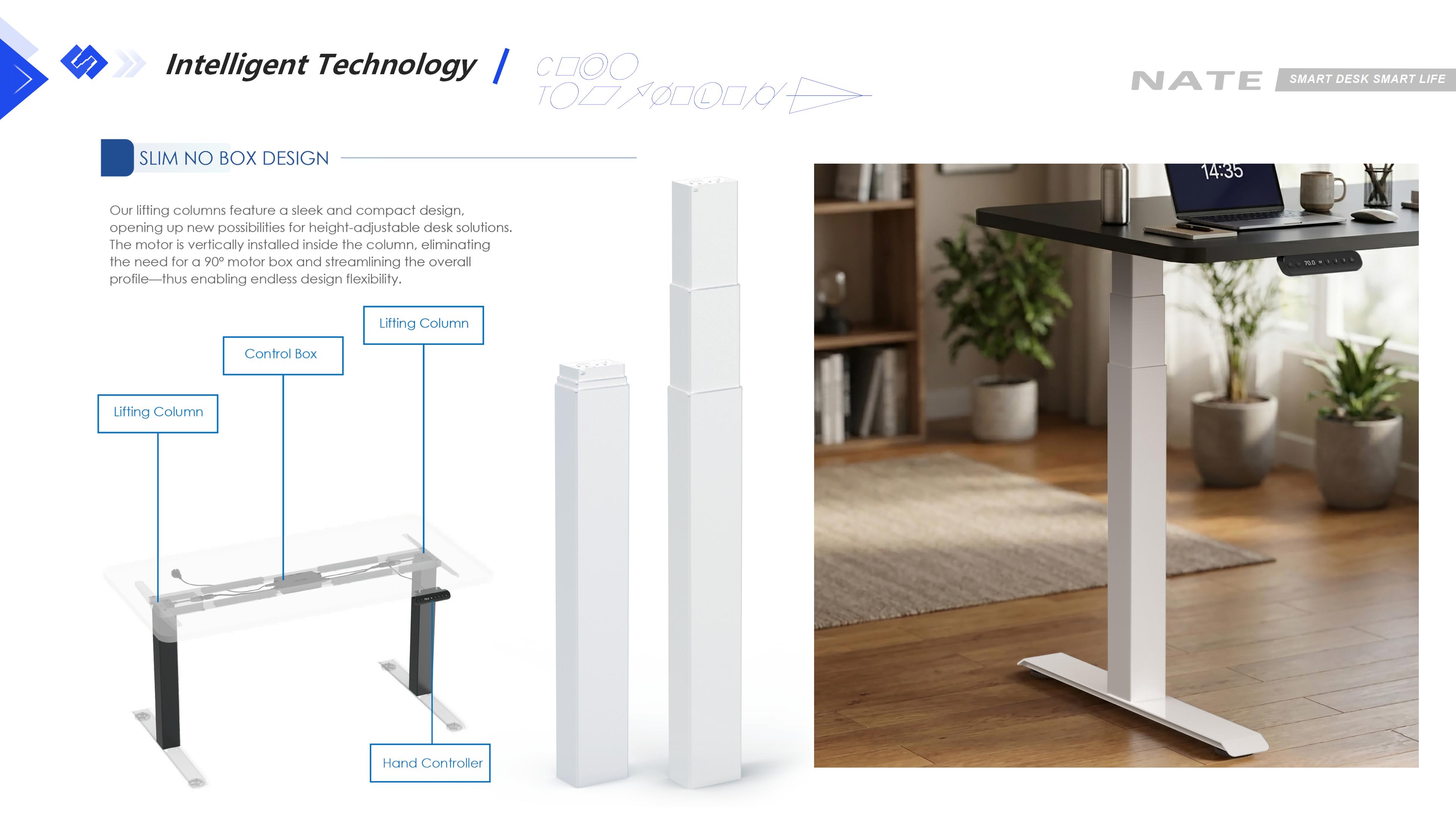 Slim white lifting column supporting a black office desktop