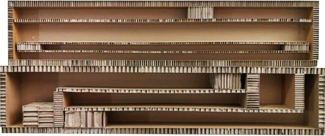 Layered honeycomb paperboard with its cellular structure visible